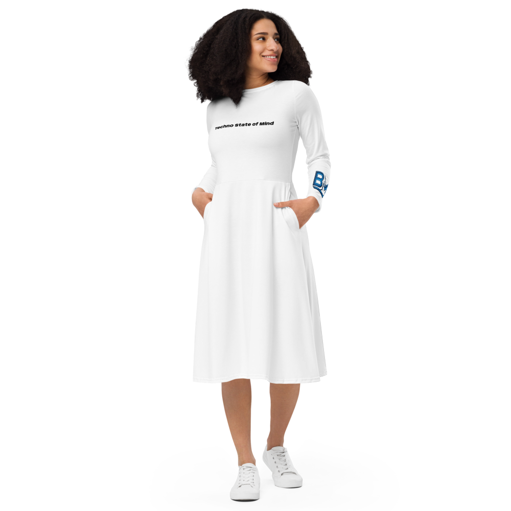 Rochie Midi "Techno State of Mind" - Albă cu Buzunare